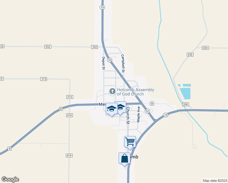 map of restaurants, bars, coffee shops, grocery stores, and more near Commercial Avenue in Holcomb