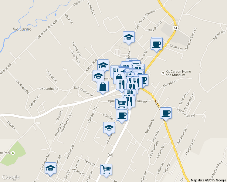 map of restaurants, bars, coffee shops, grocery stores, and more near 215 Ranchitos Road in Taos