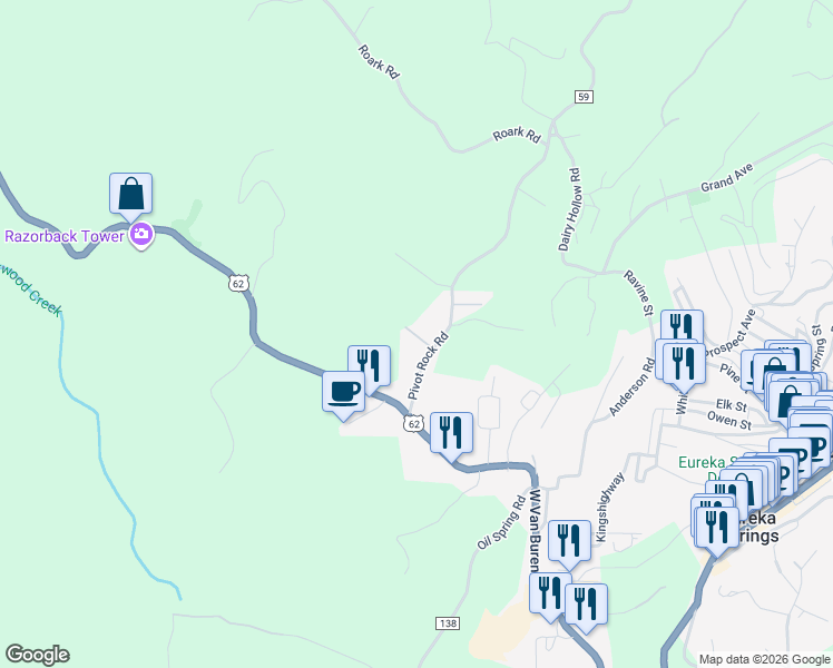 map of restaurants, bars, coffee shops, grocery stores, and more near 17 Pivot Rock Road in Eureka Springs