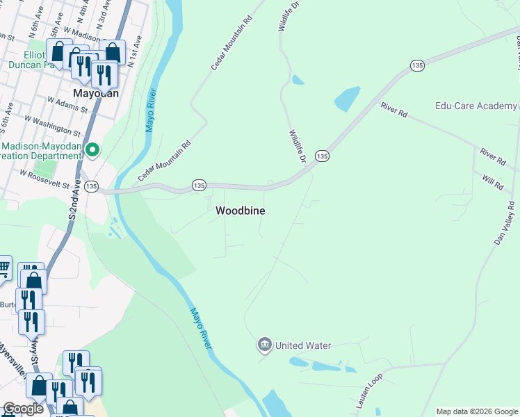 map of restaurants, bars, coffee shops, grocery stores, and more near 136 Poole Road in Mayodan