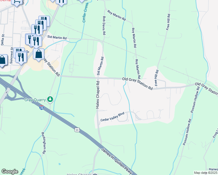 map of restaurants, bars, coffee shops, grocery stores, and more near 340 Old Gray Station Road in Gray