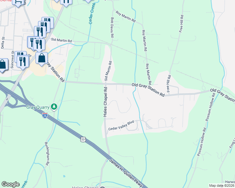 map of restaurants, bars, coffee shops, grocery stores, and more near 340 Old Gray Station Road in Gray