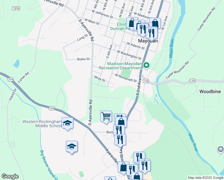 map of restaurants, bars, coffee shops, grocery stores, and more near 600 South 5th Avenue in Mayodan