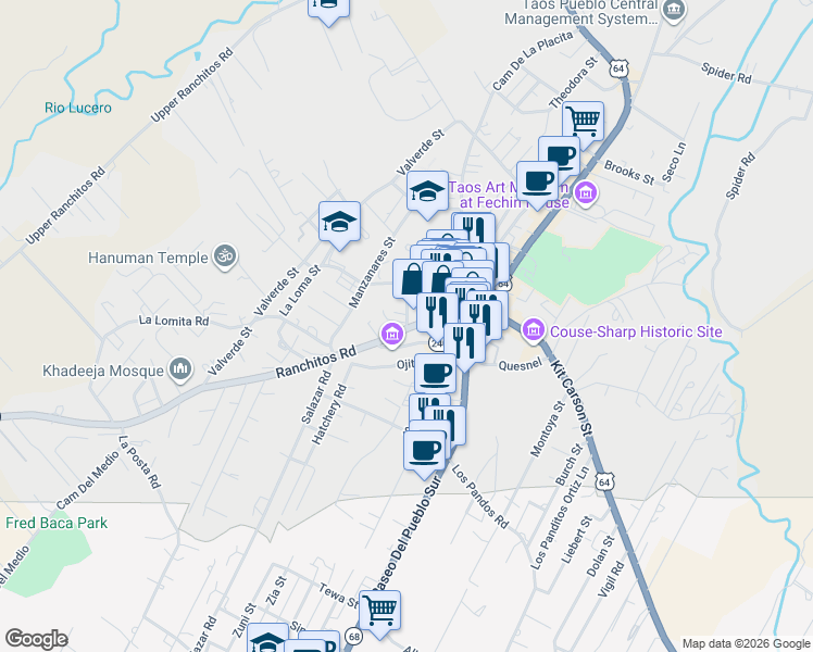 map of restaurants, bars, coffee shops, grocery stores, and more near 208 Ledoux Street in Taos