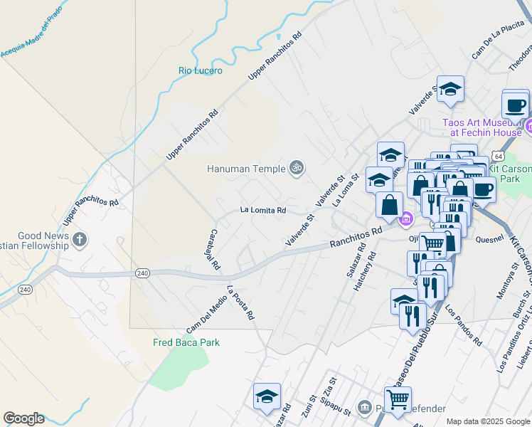 map of restaurants, bars, coffee shops, grocery stores, and more near La Lomita Rd in Taos