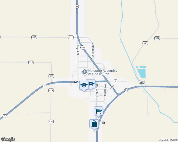 map of restaurants, bars, coffee shops, grocery stores, and more near Commercial Avenue in Holcomb