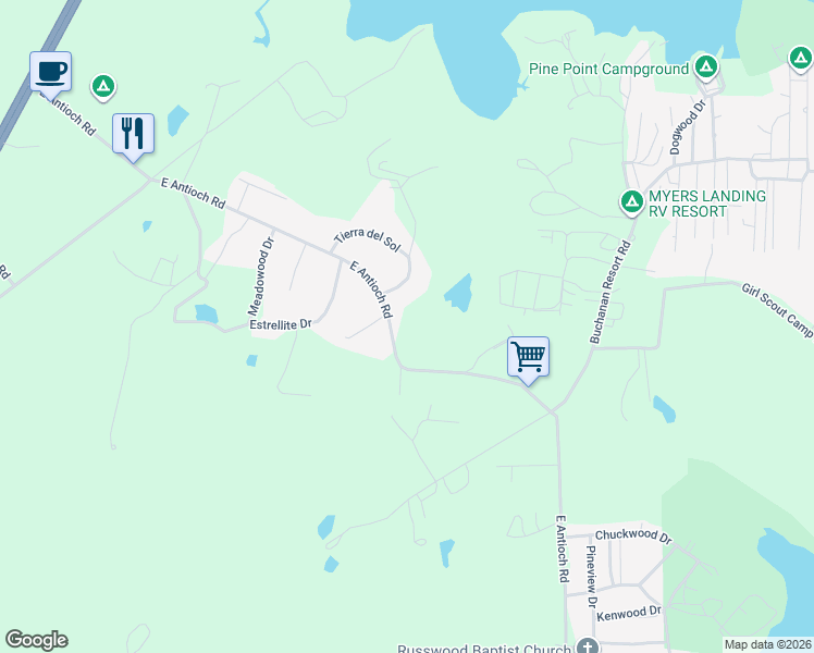 map of restaurants, bars, coffee shops, grocery stores, and more near 5461 East Antioch Road in Springville