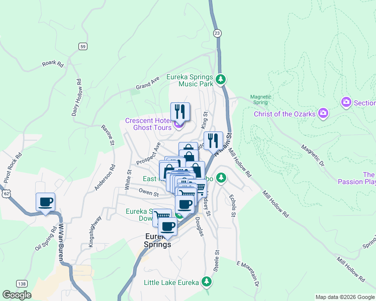 map of restaurants, bars, coffee shops, grocery stores, and more near 156 Spring Street in Eureka Springs