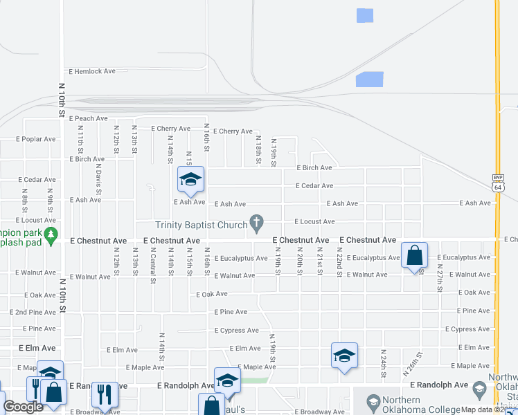 map of restaurants, bars, coffee shops, grocery stores, and more near 1817 East Ash Avenue in Enid