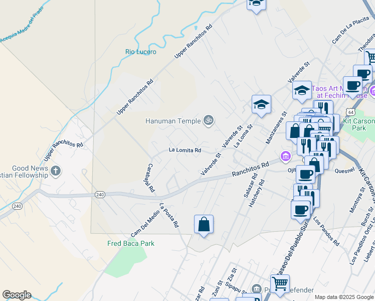 map of restaurants, bars, coffee shops, grocery stores, and more near La Lomita Road in Taos