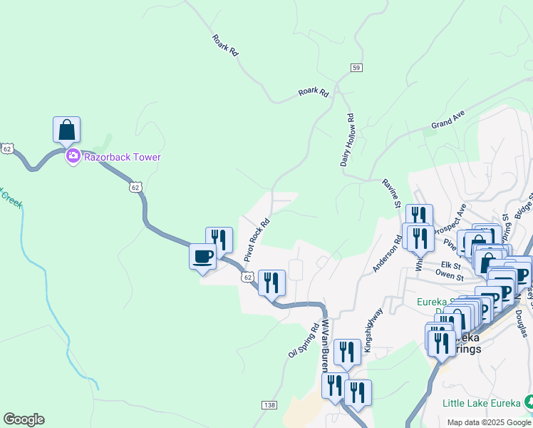 map of restaurants, bars, coffee shops, grocery stores, and more near 17 Pivot Rock Road in Eureka Springs