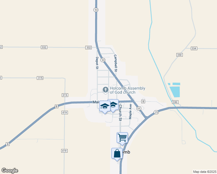 map of restaurants, bars, coffee shops, grocery stores, and more near Commercial Street in Holcomb