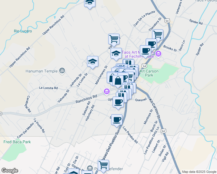 map of restaurants, bars, coffee shops, grocery stores, and more near 215 Ranchitos Road in Taos