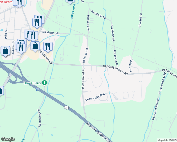 map of restaurants, bars, coffee shops, grocery stores, and more near 340 Old Gray Station Road in Gray