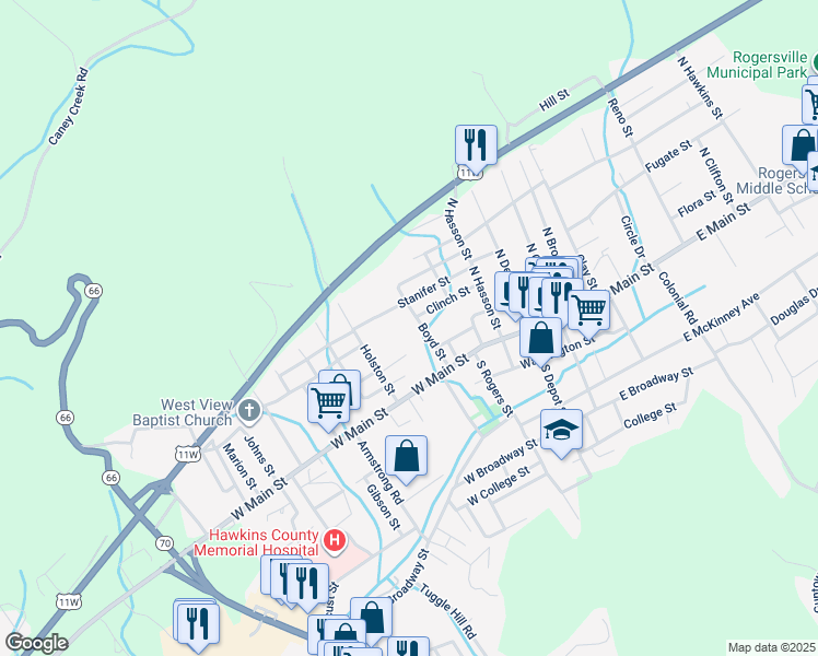 map of restaurants, bars, coffee shops, grocery stores, and more near 423 McMinn Street in Rogersville