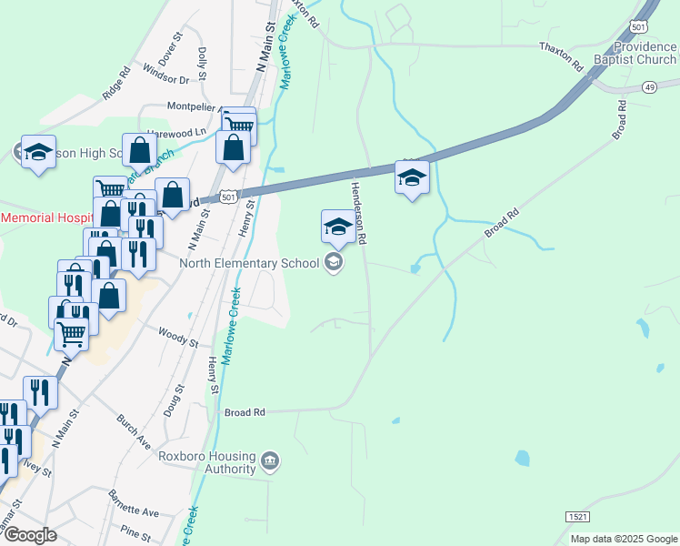map of restaurants, bars, coffee shops, grocery stores, and more near 260 Henderson Road in Roxboro