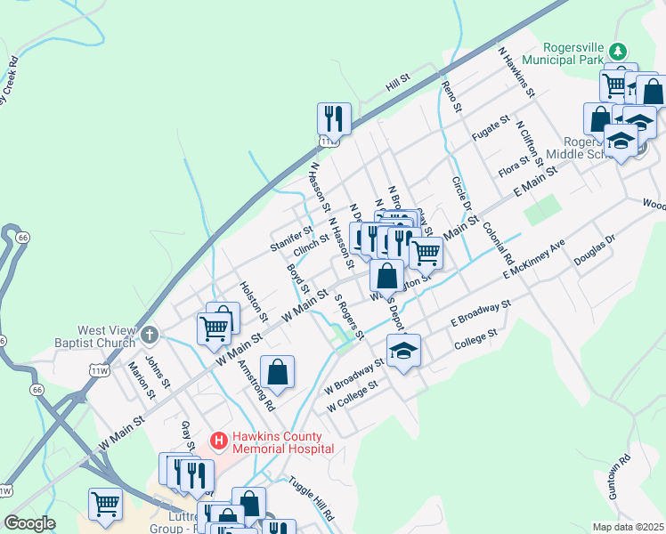 map of restaurants, bars, coffee shops, grocery stores, and more near West Kyle Street in Rogersville
