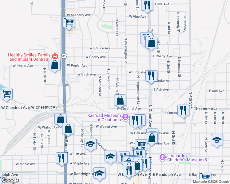 map of restaurants, bars, coffee shops, grocery stores, and more near 927 North Adams Street in Enid