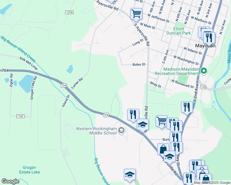 map of restaurants, bars, coffee shops, grocery stores, and more near 6225 North Carolina 704 in Madison