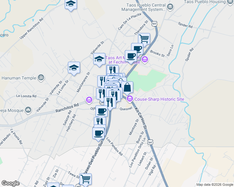 map of restaurants, bars, coffee shops, grocery stores, and more near Kit Carson Road in Taos