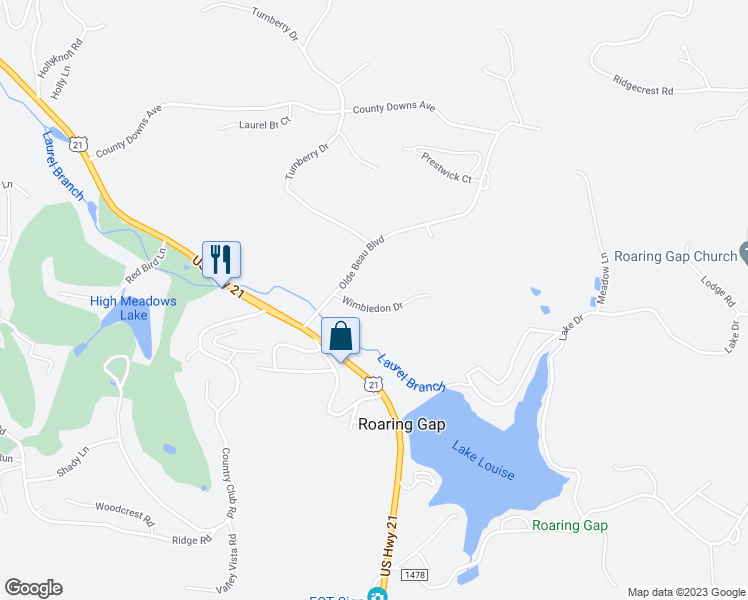 map of restaurants, bars, coffee shops, grocery stores, and more near 165 Wimbledon Drive in Glade Valley