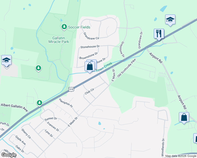 map of restaurants, bars, coffee shops, grocery stores, and more near 1478 Club Circle in Gallatin