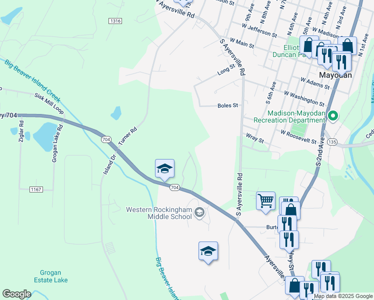 map of restaurants, bars, coffee shops, grocery stores, and more near 6225 North Carolina 704 in Madison