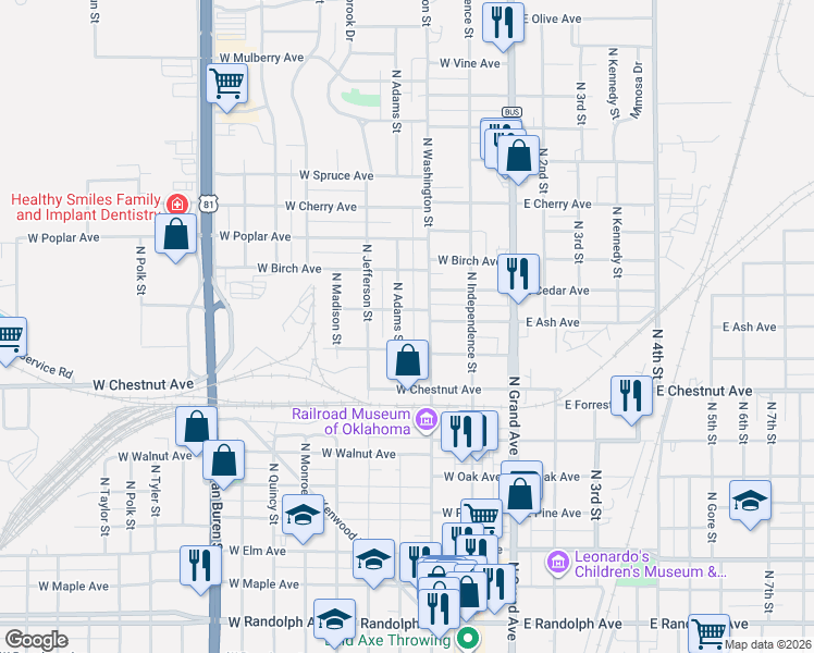 map of restaurants, bars, coffee shops, grocery stores, and more near 927 North Adams Street in Enid