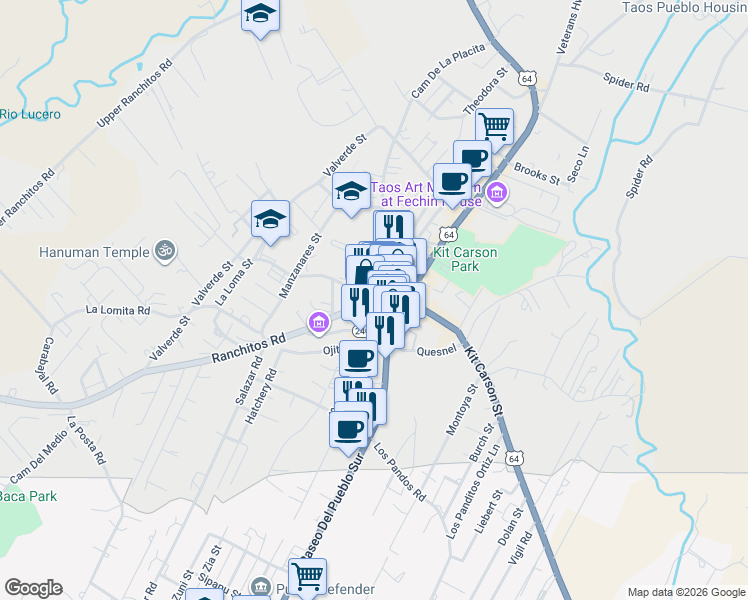 map of restaurants, bars, coffee shops, grocery stores, and more near North Plaza in Taos