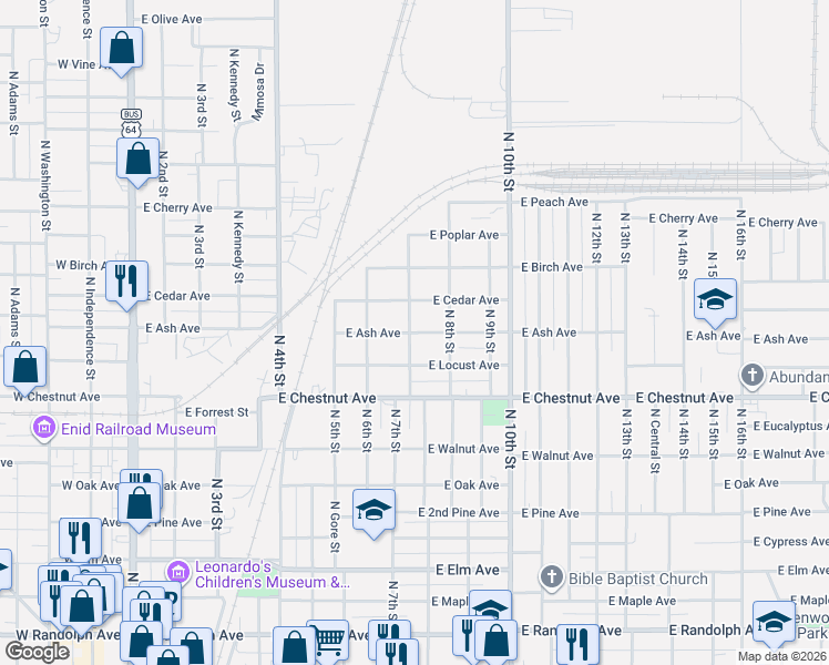 map of restaurants, bars, coffee shops, grocery stores, and more near 702 East Locust Avenue in Enid