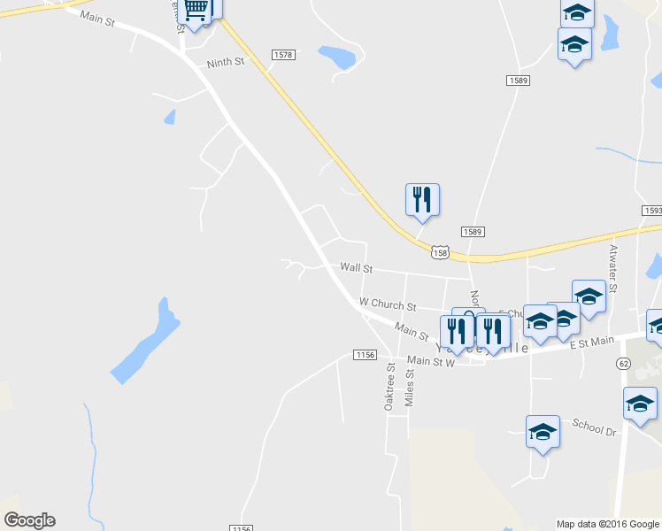 map of restaurants, bars, coffee shops, grocery stores, and more near 490 Wall Street in Yanceyville