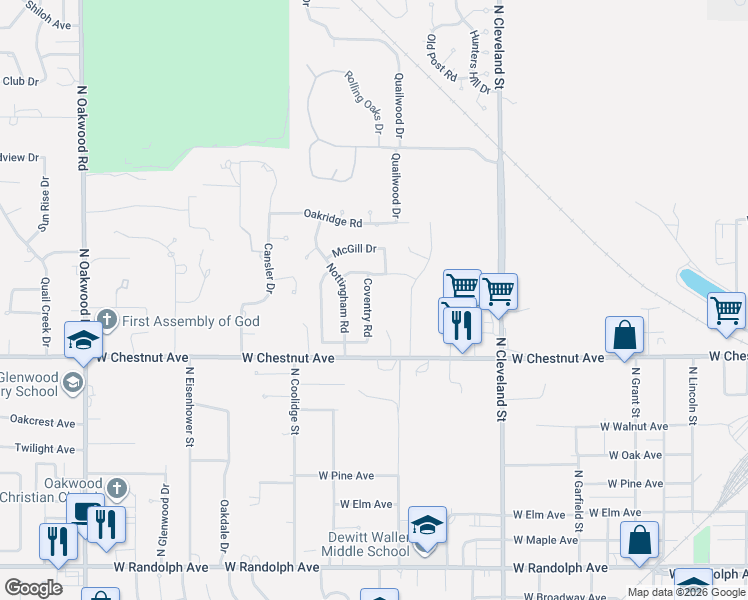 map of restaurants, bars, coffee shops, grocery stores, and more near 2709 Stratford Drive in Enid