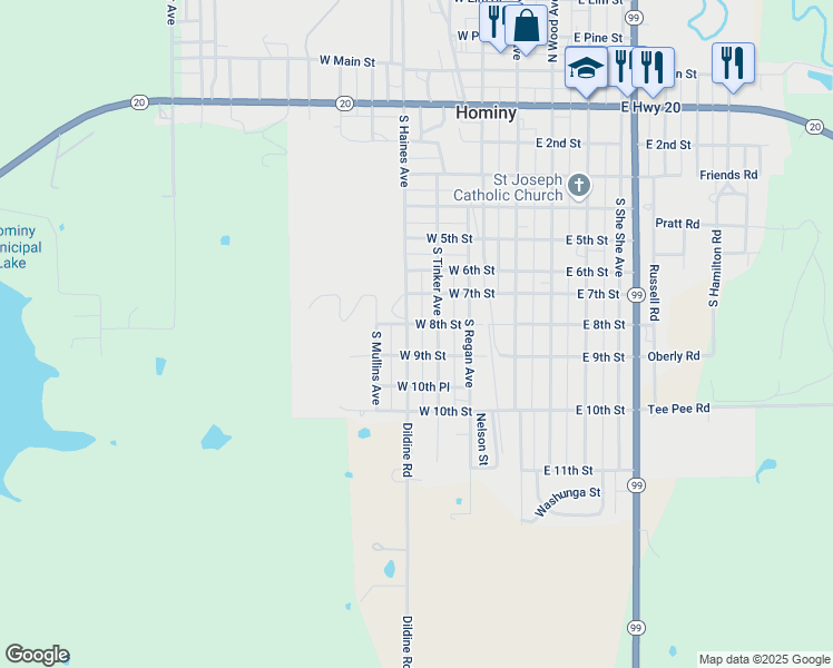 map of restaurants, bars, coffee shops, grocery stores, and more near 811 South Tinker Avenue in Hominy