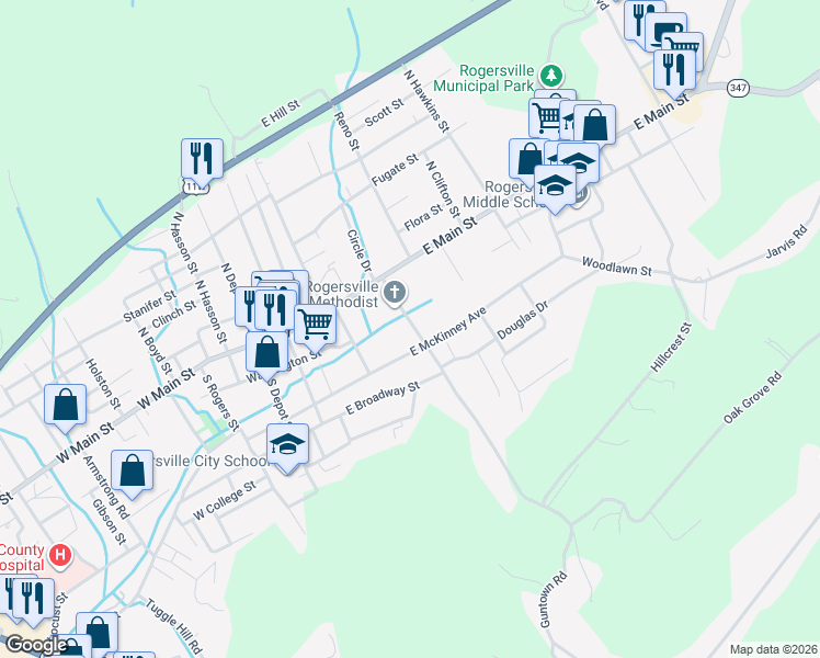 map of restaurants, bars, coffee shops, grocery stores, and more near 113 Colonial Road in Rogersville