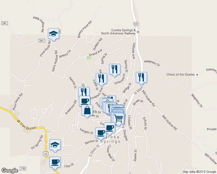 map of restaurants, bars, coffee shops, grocery stores, and more near 44 Prospect Avenue in Eureka Springs