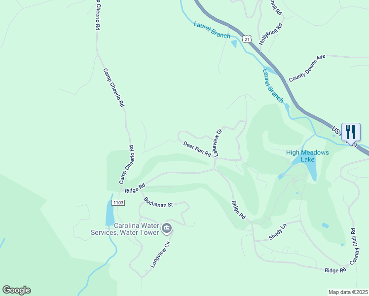 map of restaurants, bars, coffee shops, grocery stores, and more near 179 Deer Run Road in Glade Valley