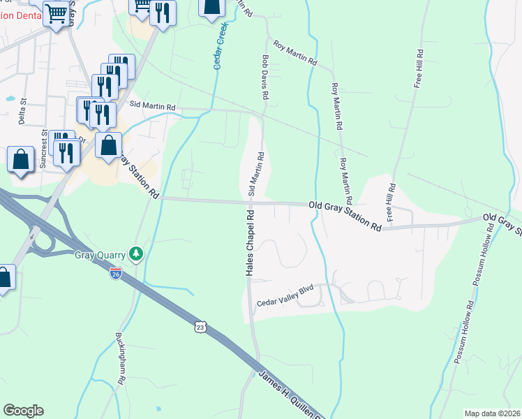 map of restaurants, bars, coffee shops, grocery stores, and more near 40 Sid Martin Road in Johnson City