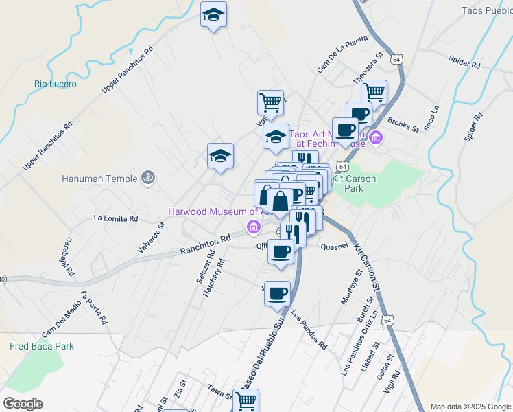 map of restaurants, bars, coffee shops, grocery stores, and more near 218-314 Don Fernando Street in Taos