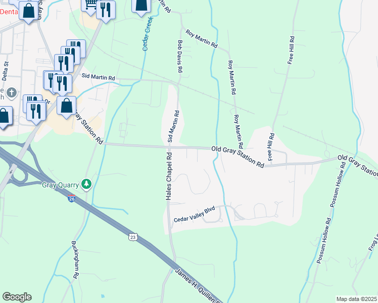 map of restaurants, bars, coffee shops, grocery stores, and more near 343-375 Old Gray Station Road in Johnson City