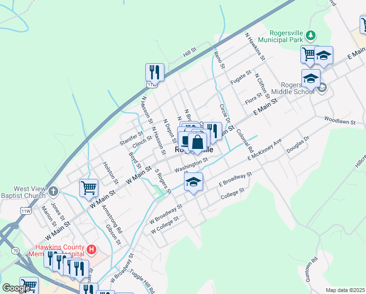 map of restaurants, bars, coffee shops, grocery stores, and more near 101 East Kyle Street in Rogersville