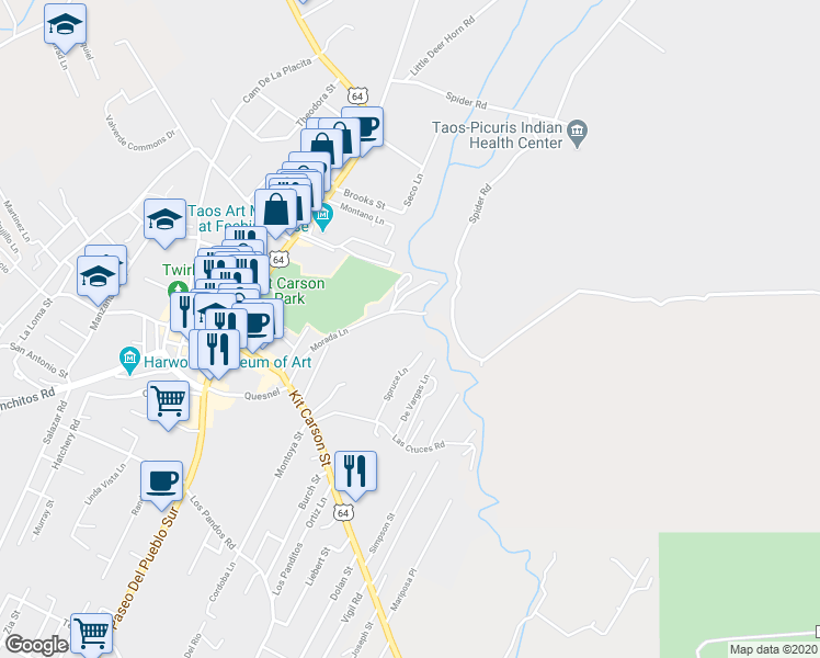 map of restaurants, bars, coffee shops, grocery stores, and more near 235 Morada Lane in Taos