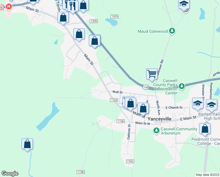map of restaurants, bars, coffee shops, grocery stores, and more near 490 Wall Street in Yanceyville