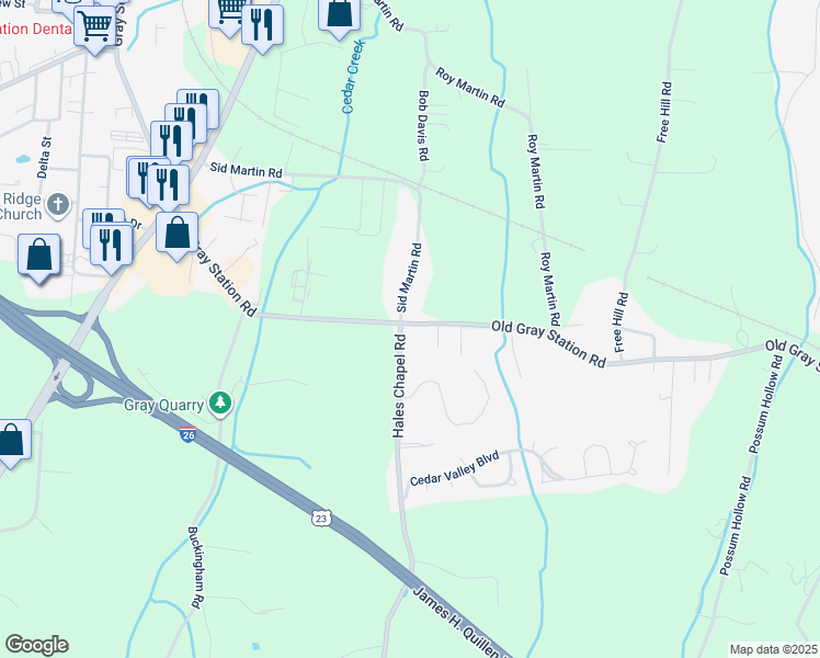map of restaurants, bars, coffee shops, grocery stores, and more near 40 Sid Martin Road in Johnson City