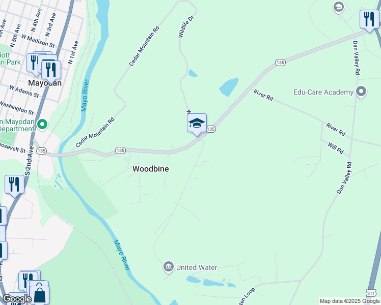 map of restaurants, bars, coffee shops, grocery stores, and more near 7378 North Carolina 135 in Mayodan