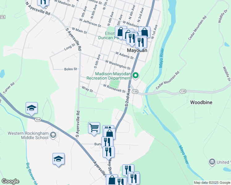 map of restaurants, bars, coffee shops, grocery stores, and more near 103 West Roosevelt Street in Mayodan