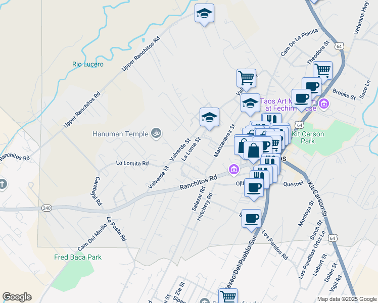 map of restaurants, bars, coffee shops, grocery stores, and more near La Loma Street in Taos