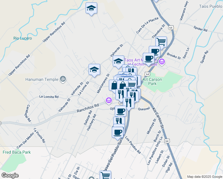 map of restaurants, bars, coffee shops, grocery stores, and more near 135 North Plaza in Taos