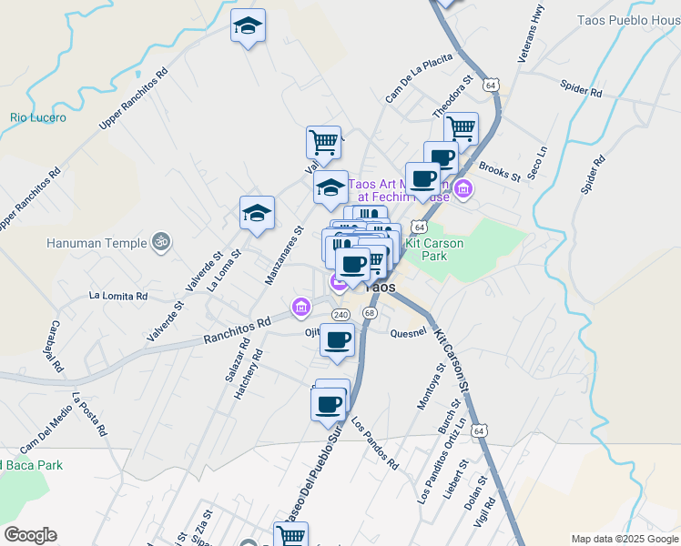map of restaurants, bars, coffee shops, grocery stores, and more near 135 North Plaza in Taos