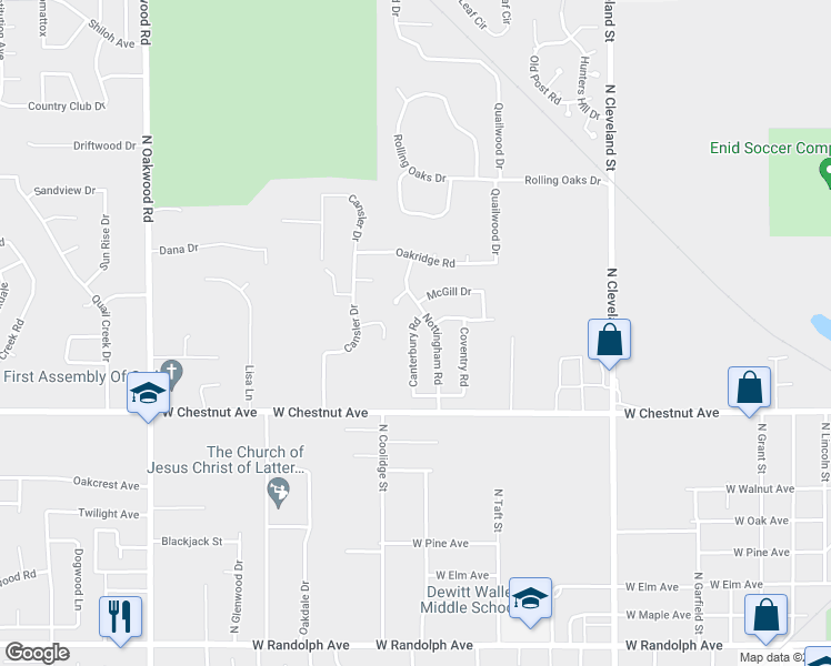 map of restaurants, bars, coffee shops, grocery stores, and more near 1115 Canterbury Road in Enid