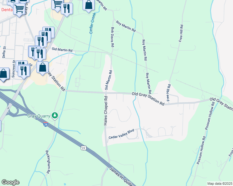 map of restaurants, bars, coffee shops, grocery stores, and more near 343 Old Gray Station Road in Johnson City
